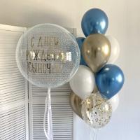 Прозрачный шар с золотой надписью и фонтан из шаров