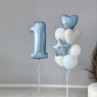 Голубая цифра один с фонтаном из шаров