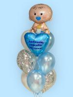 Фонтан с пупсом и голубыми шарами на выписку мальчика из роддома