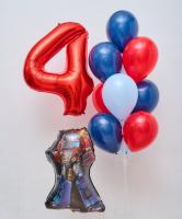 Красная цифра четыре, робот и фонтан из шаров