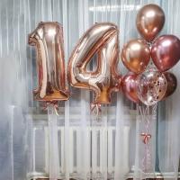 Цифра четырнадцать розовое золото и фонтан из шаров