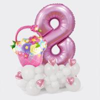 Цифра восемь и шар корзинка с цветами на подставке