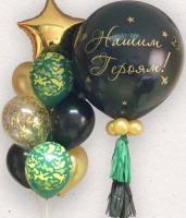 Чёрный шар с надписью и фонтан из шаров