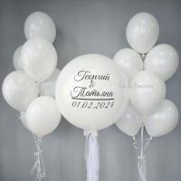 Большой шар с надписью и фонтаны из белых шаров