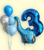 Синяя цифра три, фигура динозавр и фонтан из шаров