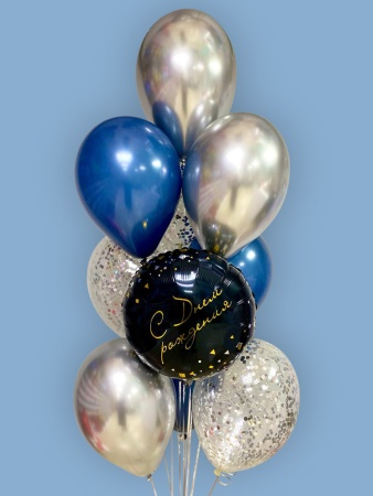 Фонтан с хромированными синими и серебряными шарами 
