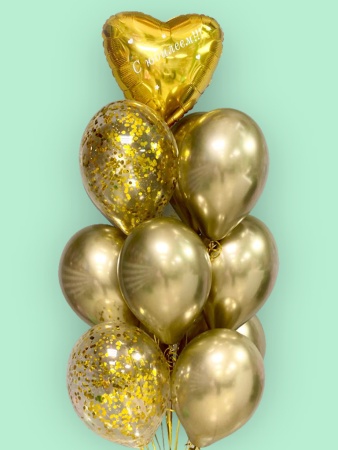 Золотой фонтан из шаров с маленьким сердцем и шарами с конфетти