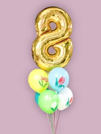 Цифра 8 в фонтане и шарики с цветами